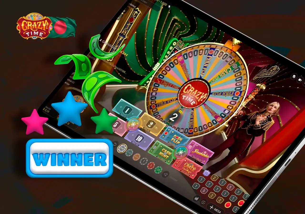 Screenshot of Crazy Time game and Winner banner